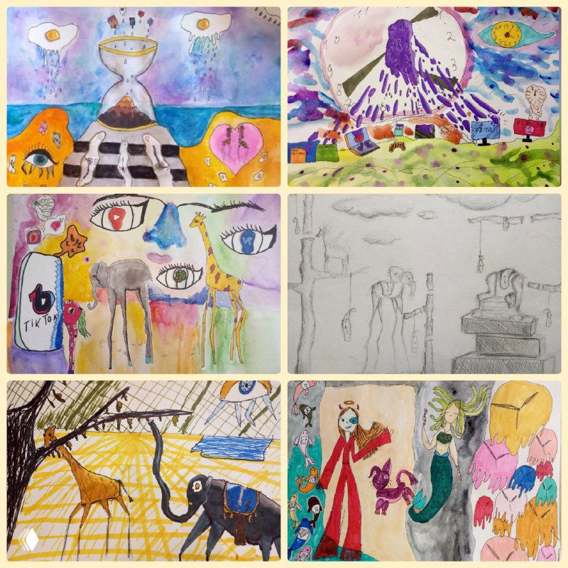 Коллаж работ в сюрреалистическом ключе: песочные часы, глаза, пейзажи и карандашные наброски — экспериментальные эскизы и цветовые композиции.