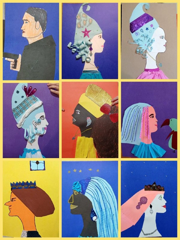 Профиль-коллажи: множество силуэтных портретов в ярких красках и декоративных элементах, выполненные как серия на одном занятии.