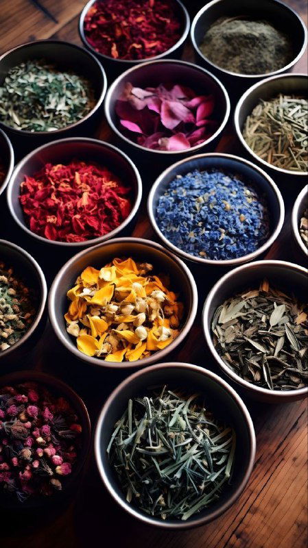 Множество мисок с высушенными цветами, лепестками и порошками трав — ассортимент ингредиентов для травяных настоев и косметических смесей.