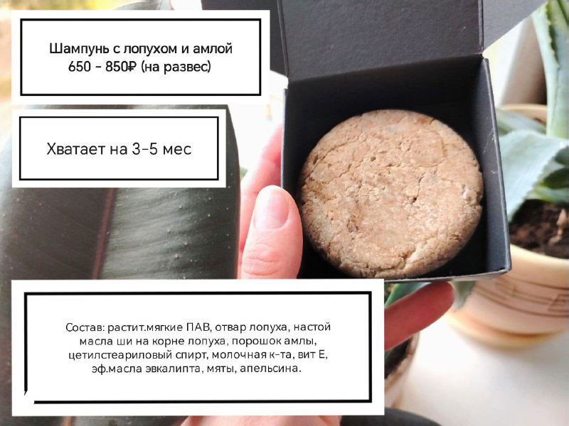 Твёрдый шампунь бежевого цвета в открытой коробке на фоне растений; кадр показывает форму бруска и информационные наклейки с составом.