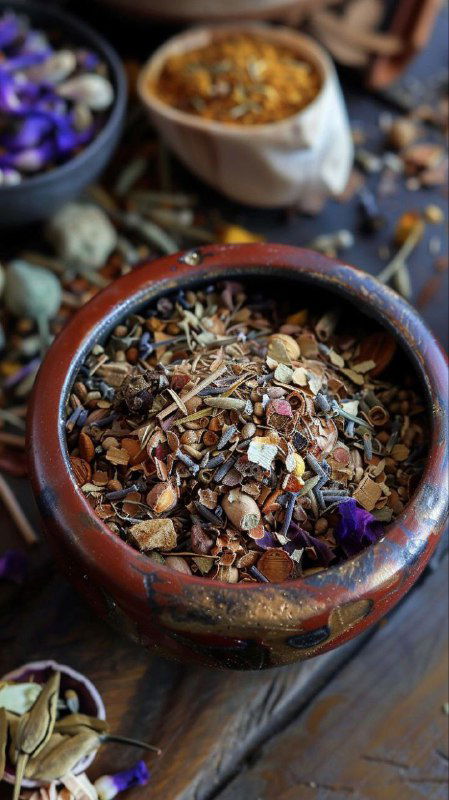 Глиняная чашка с сухой смесью из трав, лепестков и специй — пример компонентов убтана и текстуры сухой смеси перед смешиванием с водой.