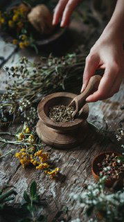 Руки перемалывают травы в керамической ступке на деревянной поверхности, вокруг разбросаны высушенные растения и ложка — процесс подготовки убтана.