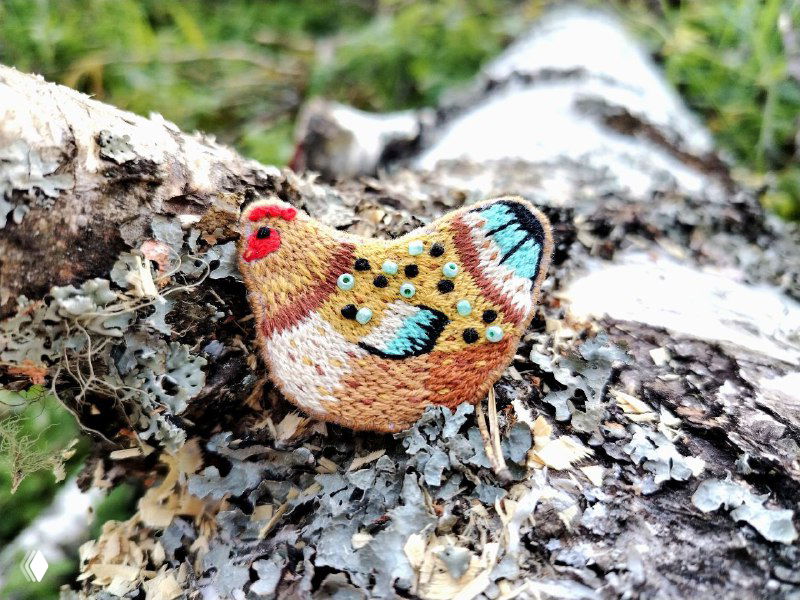 Вышитая брошь «курочка» на коре берёзы среди лишайника; видно разноцветные стежки, декоративные элементы и натуральный фон для съёмки.
