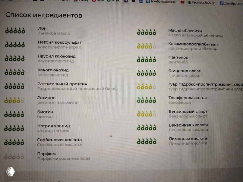 Фотография экрана с анализом ингредиентов фабричного шампуня: видны жёлтые и зелёные отметки, таблица ингредиентов и оценки вероятного риска.