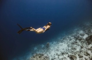 Фотография фридайвера без акваланга, плывущего под водой над морским дном и участком кораллов в глубокой синей воде