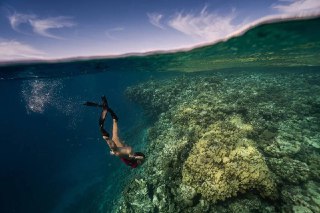 Фридайвер под водой над коралловым рифом, кадр с разделением воды и неба, передаёт ощущение глубины, свободы и окружения моря.