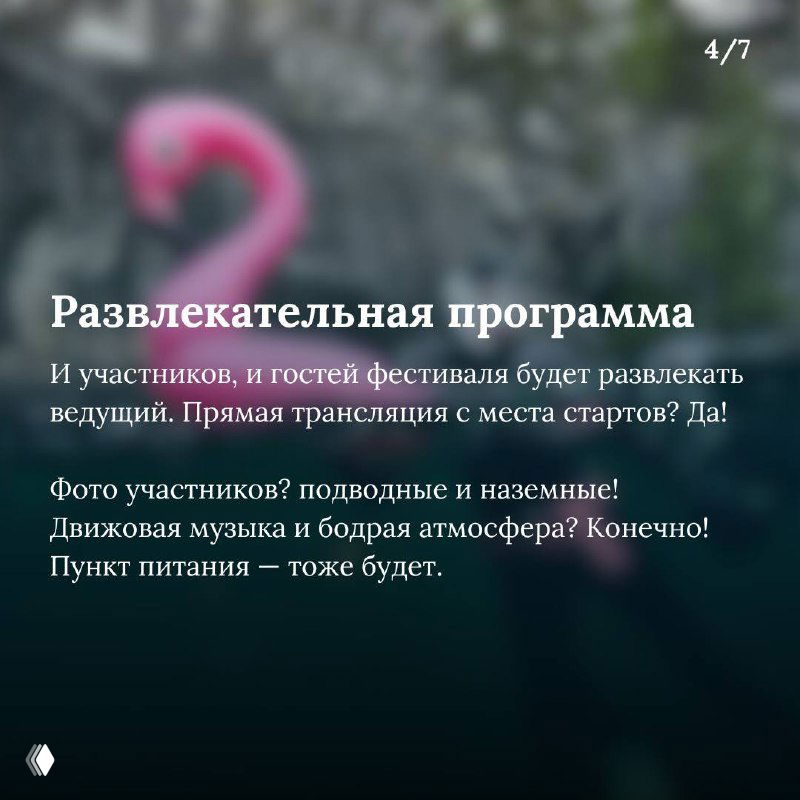 Слайд о развлекательной программе фестиваля с текстом о ведущем, трансляции и пунктах питания на фоне декоративного изображения.