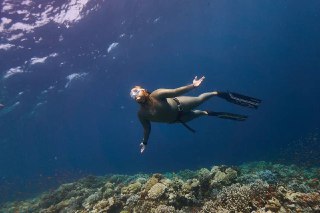 Фридайвер под водой в ластах и гидрокостюме над коралловым рифом в синей воде, иллюстрация спокойного дыхания и практики под водой.