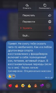 Скриншот экрана с фрагментом переписки в мессенджере: сообщение об отсутствии возможности помочь, видны интерфейс и эмодзи.