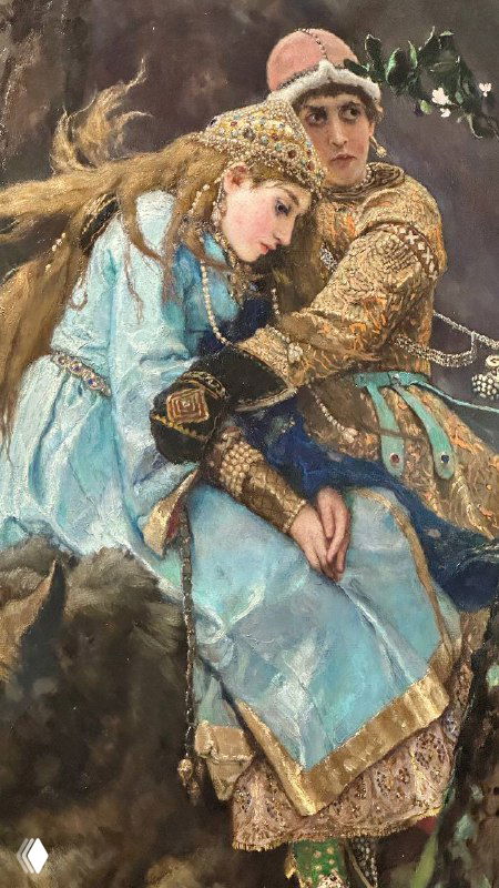 Фрагмент картины с образом влюблённой пары в исторических одеждах: мягкая живописная манера и тонкая передача лиц.
