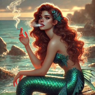 Иллюстрация: русалка на берегу в теплых тонах, держит сигарету; акцент на дыме, морской атмосфере и артистическом образе