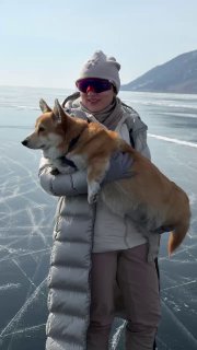 Человек держит Бухту на руках на прозрачном льду Байкала, на заднем плане видны заснеженные горы и ровная ледяная поверхность.