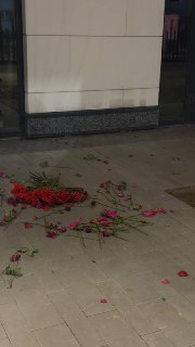 Разбросанные на брусчатке у входа в дом розовые и красные цветы и лепестки, вид в полутёмной уличной обстановке.