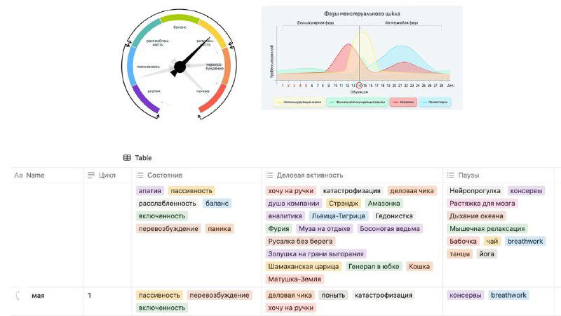 Коллаж: графики, диаграмма и таблица с трекингом фазы цикла, динамики состояний и пометками субличностей — пример визуализации данных в Notion.