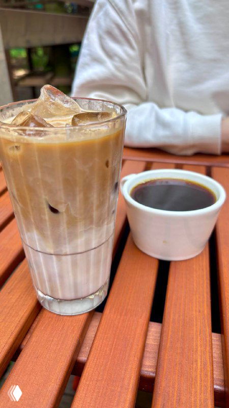 Стакан холодного кофе со льдом рядом с маленькой чашкой эспрессо на деревянном столе летнего кафе — утренний кофейный дуэт в парке.