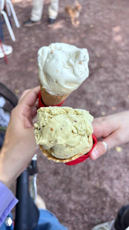 Два рожка мороженого фисташкового и с солёным арахисом в руках автора на фоне летнего парка — текстура и цвет порции крупным планом.