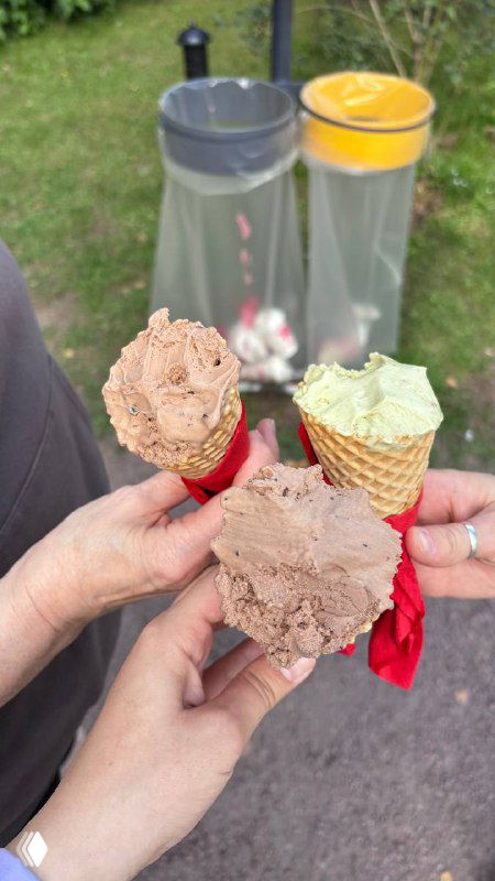 Три рожка джелатто разных вкусов в руках — шоколадный, фисташковый и ещё один светлый, фото в парковой обстановке.