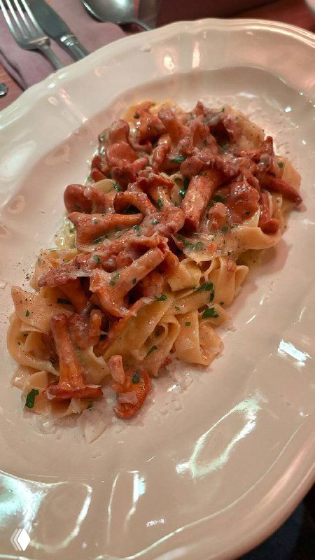 Сочные тальятелли с обжаренными лисичками и зеленью, сервированные на белой овальной тарелке — крупный план блюда.