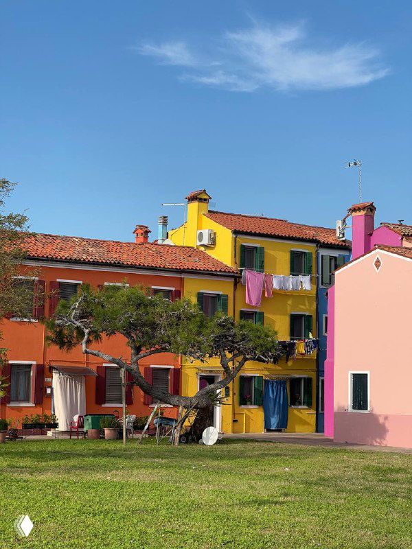 Пестрые фасады домов с зелёной лужайкой и деревьями, яркие оттенки зданий на острове Бурано в солнечный день, уютный дворик у дома.