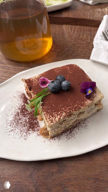 Кусок тирамису на белой тарелке с ягодами и съедобным цветком, аккуратная подача и тонкое посыпание какао, десерт в Рихтере.