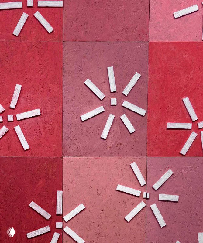 Детальное изображение фрагмента рельефной абстрактной панели: розовые квадраты с белыми вставками, текстурированная поверхность в экспозиции МАММ.