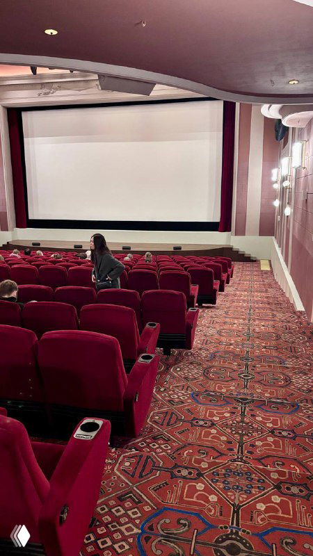 Просмотровый кинозал с плотными бархатными красными креслами, экраном и узорчатым ковровым покрытием, атмосфера классического кинотеатра.