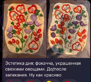 Фокачча, украшенная свежими овощами и зеленью, запечённая на противне, видно узоры из перца, лука и трав сверху, вид сверху