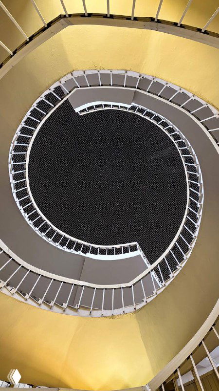 Крупный план круглого оконного проема над лестницей и верхнего кольца балюстрады — архитектурная симметрия и игра света в библиотечном пространстве.