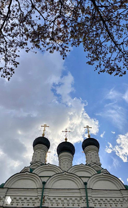 Фронтальный вид куполов и неба над церковью, деревья с цветением по краям кадра, контрастная весенняя палитра и архитектурные детали.