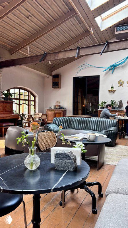 Интерьер Yauza place: уютная лаунж-зона с диванами, столиками и растениями под деревянным потолком и дневным светом, общая панорама.