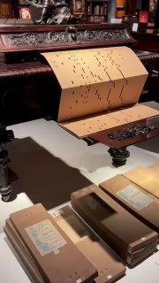 Длинный рулон перфокартной бумаги, выходящий из механического музыкального инструмента, рядом лежат папки и детали в экспозиции музея.