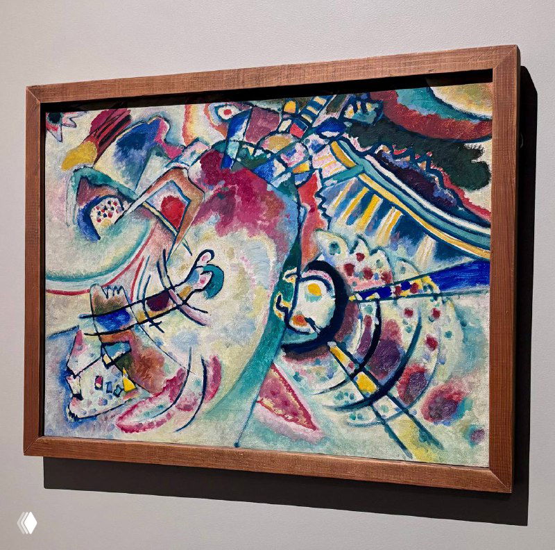 Яркая абстрактная картина в стиле Кандинского: динамичные цветовые пятна и линии, композиция, вдохновлённая движением и музыкой.