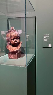Фотография скульптурного бюста в музейной витрине, фактурная поверхность, подпись рядом и отражения экспозиции на фоне.