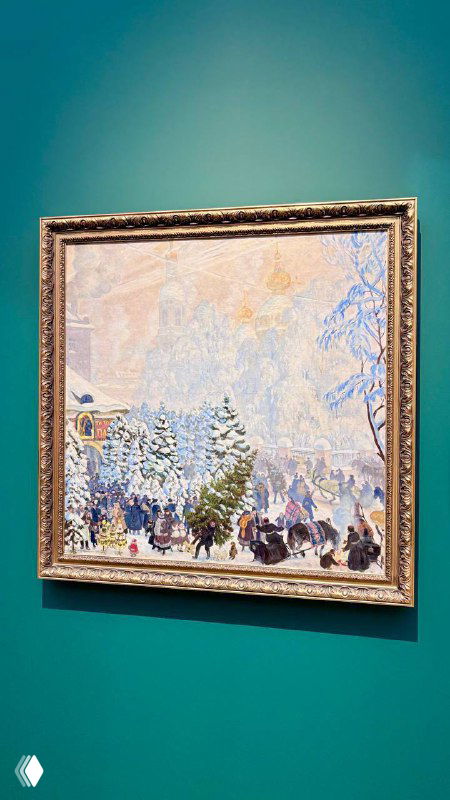 Зимний городской пейзаж: заснеженные деревья и светлые оттенки в тканевой манере Кустодиева, в оформлении рамой на стене музея.