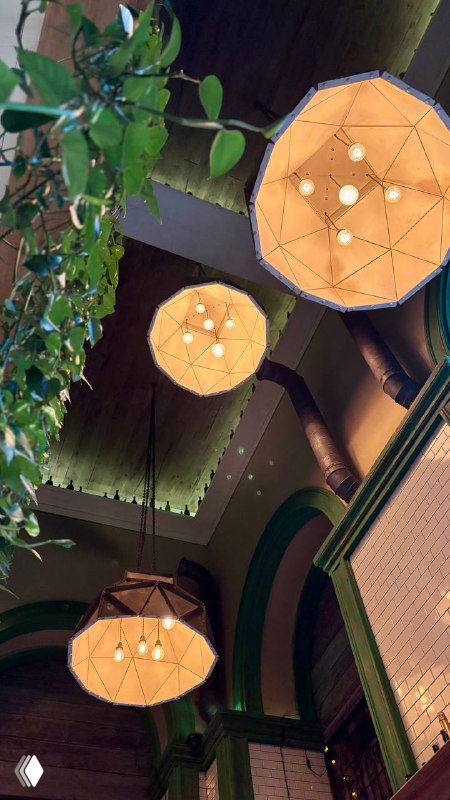 Подвесные светильники и растущие растения на потолке в ресторане Christian — элементы освещения и декора, создающие атмосферу заведения на Кутузовском