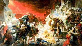 Фрагмент картины: люди в панике среди руин и обломков, драматическая сцена с огненно-красным небом — эпизод из «Последнего дня Помпеи».