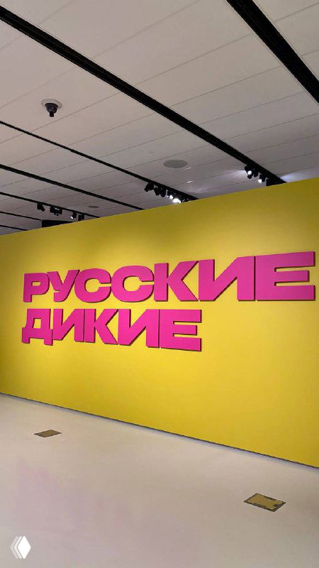 Жёлтая стена с крупной розовой надписью «РУССКИЕ ДИКИЕ» у входа в выставочное пространство музея, общий вид экспозиции.