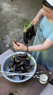 Женские руки держат баклажаны и подготавливают их к запеканию, видно таз с овощами и рабочую поверхность на фоне двора