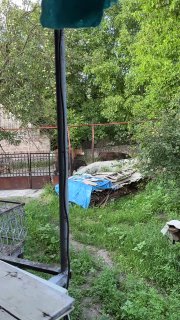 Двор с кустами и хозяйственными постройками, видны ограждение и складские материалы; спокойная сельская обстановка.
