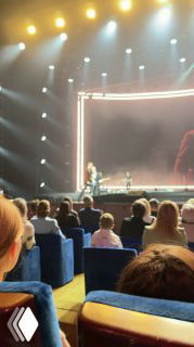 Вертикальный кадр сцены Кремлёвского дворца: яркие софиты, большая сцена и зрительный зал с посетителями на концертном мероприятии.