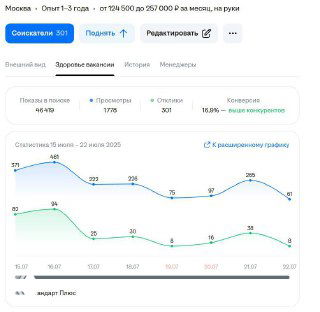 Скриншот интерфейса вакансии с указанием вилки зарплаты (124 500–257 000 ₽) и отдельным графиком с показателями откликов и просмотров.