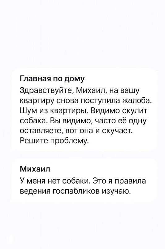 Скриншот переписки: жалоба жильца на лающую собаку и ответ Михаила — пример публичного диалога, иллюстрирующий тему мемов в госдиджитал.