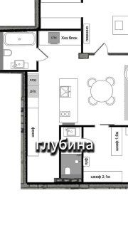 План кухни‑гостиной в чёрно‑белой схеме сверху: расположение мебели, рабочие зоны и подпись «глубина», эскиз планировки помещения.