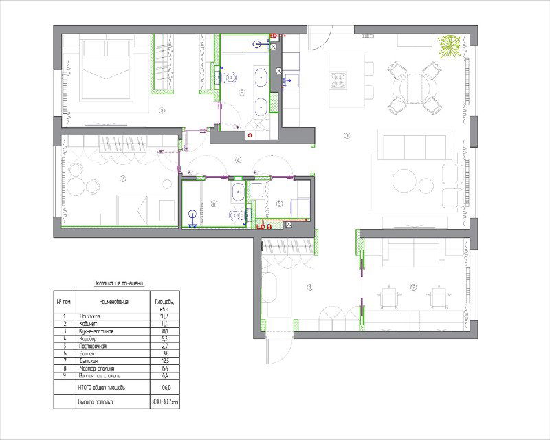 Чертёж финальной планировки квартиры: мастер-спальня, расширенная прихожая, отдельный гардероб, изменённые расположения ванной и постирочной для семьи с малышом.