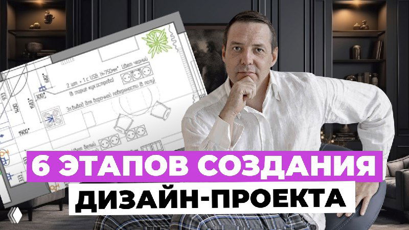 Дизайнер на фоне тёмной стены и планировки квартиры; превью видео с крупной надписью «6 этапов создания дизайн‑проекта».