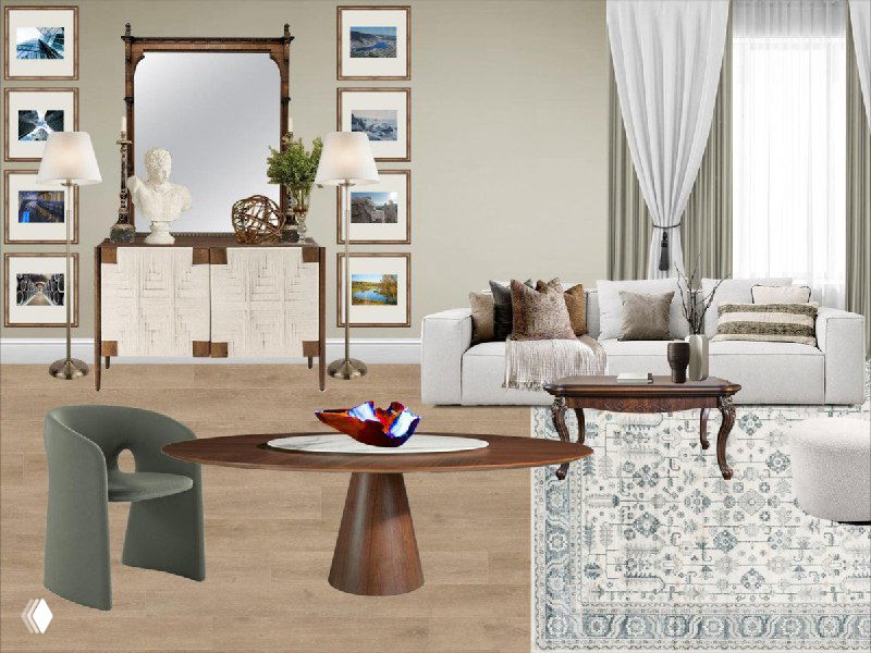 Композиция жилой комнаты с зеркалом, диваном и предметами мебели — пример визуализации итогового решения в духе классики с современными вставками.