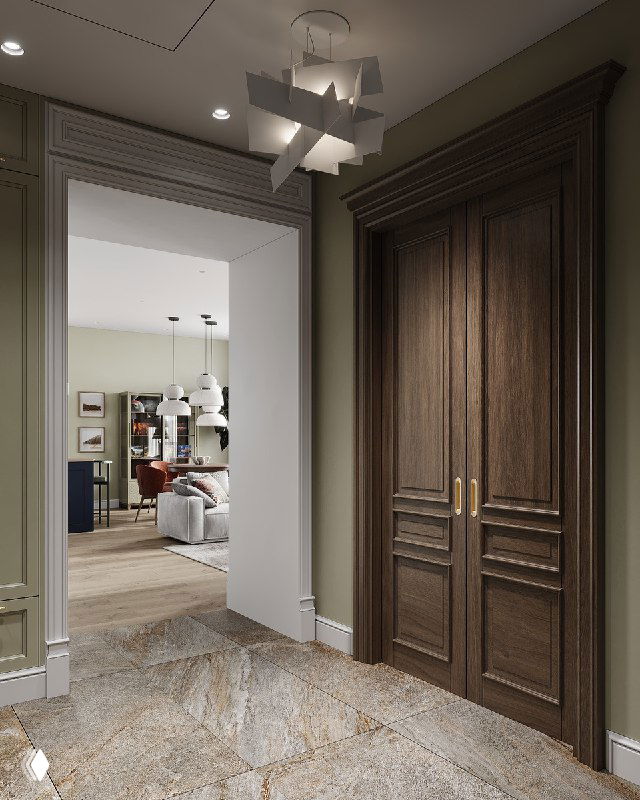 Проход из прихожей с деревянной двустворчатой дверью в жилую зону: вид на холл и открытое пространство гостиной с светом.