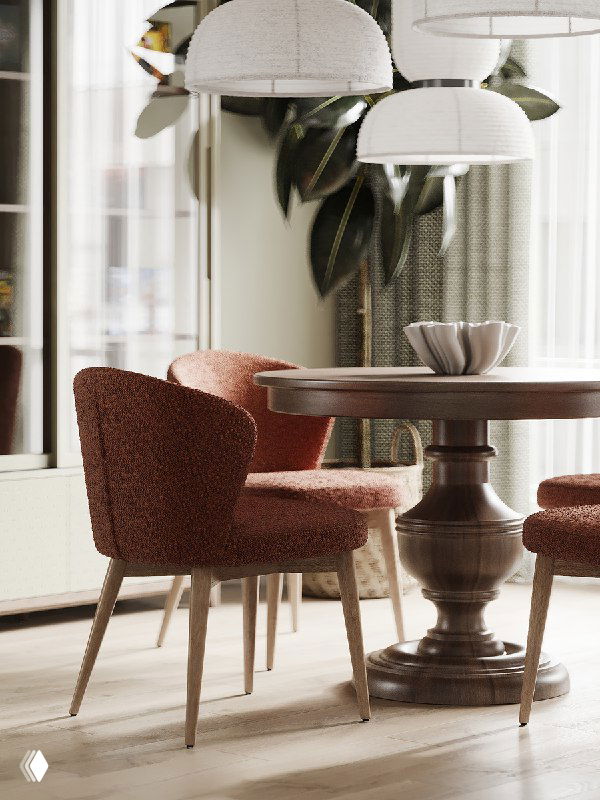 Крупный план терракотовых стульев и резного основания стола, бумажные светильники и часть шторы у окна.