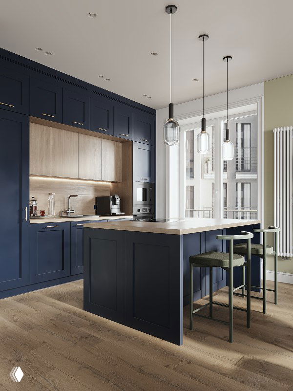 Вид на темно-синий кухонный гарнитур и остров в проекте: широкие белые окна, светлый деревянный пол, подвесные светильники и открытая зона гостиной.