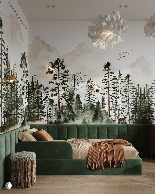 Визуализация детской комнаты: сказочный лес на обоях, высокие зелёные мягкие панели по периметру, угловой диван и мягкий текстиль для уюта.